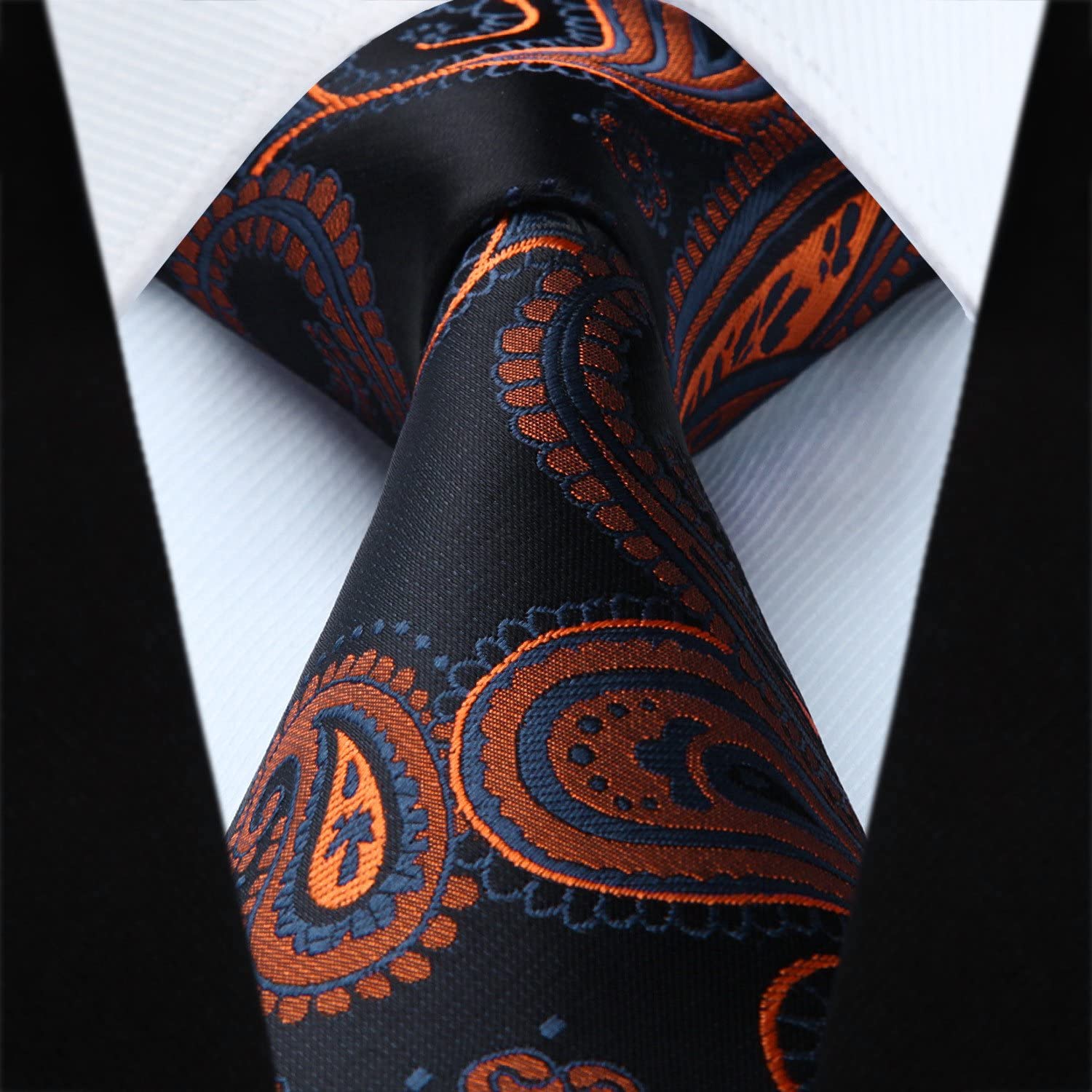 Hisdern Black Orange Paisley Tie Set For Formal Wear