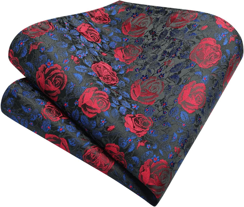Hisdern Black Red Floral Wedding Tie Set with Cufflinks