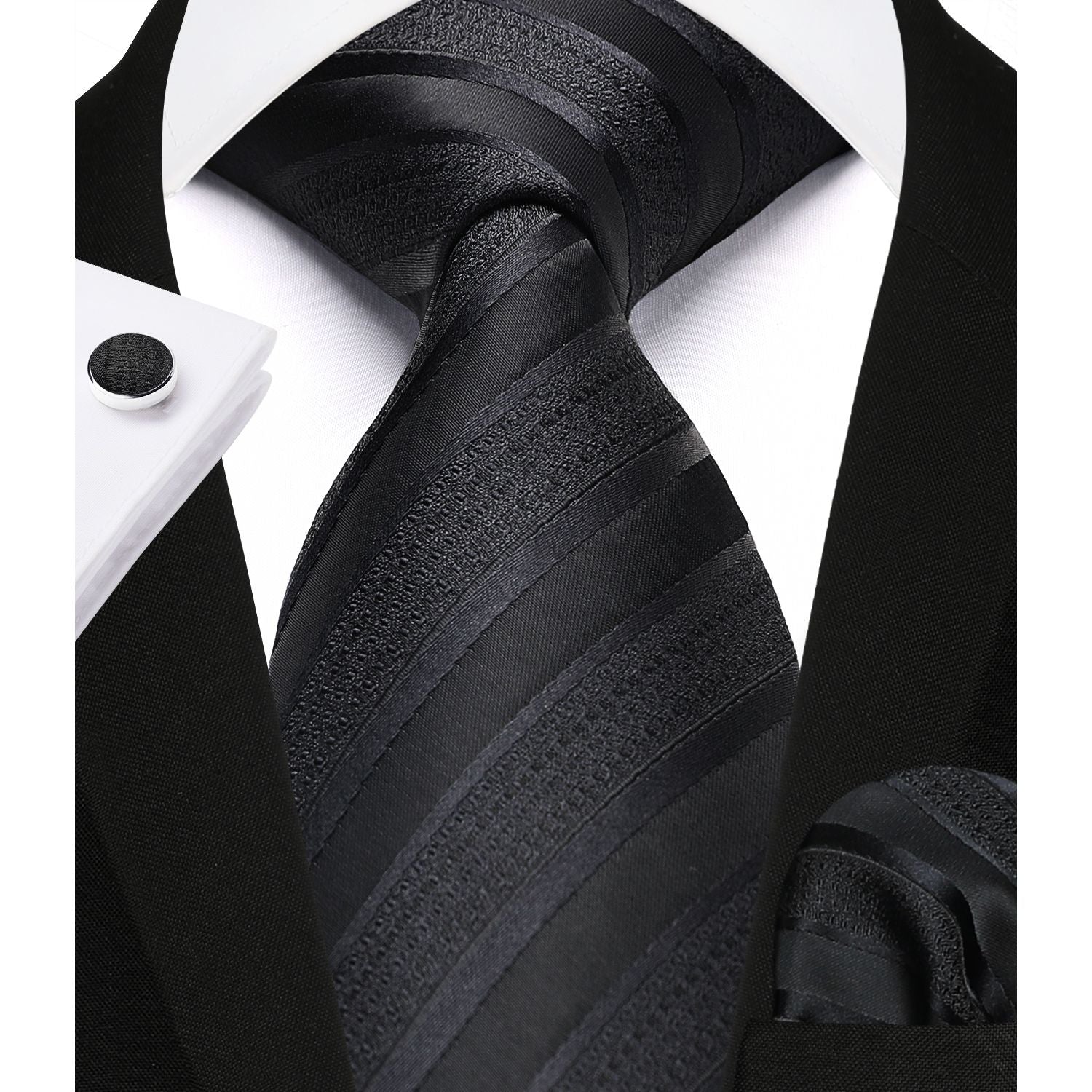 Hisdern Black Striped Wedding Accessories Set with Cufflinks