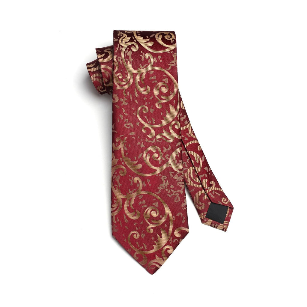 Hisdern Burgundy Gold Paisley Tie Set For Groomsmen