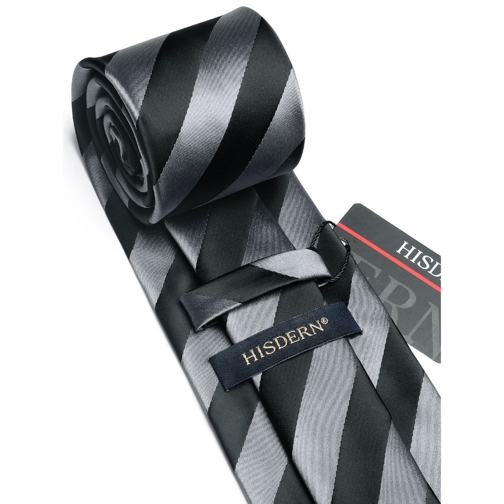 Hisdern Grey Black Striped Business Tie Set