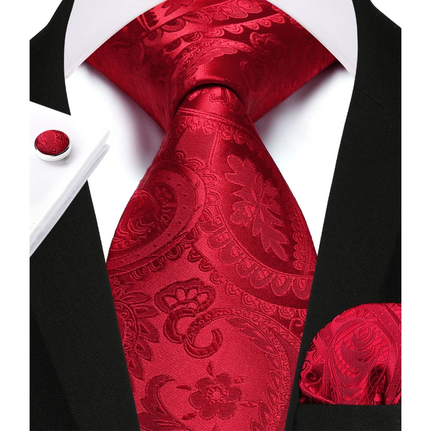 Hisdern Red Paisley Wedding Accessories Set with Cufflinks