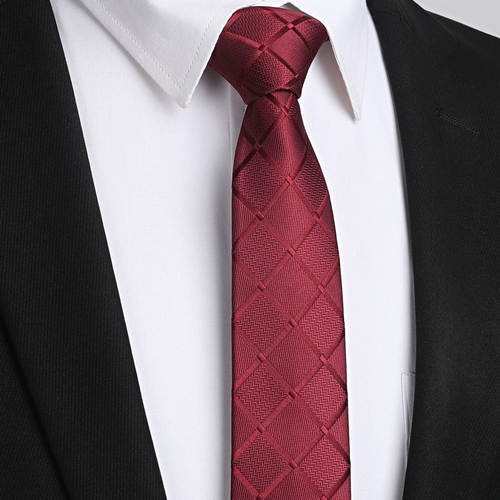 Hisdern Plaid Print Skinny Tie Slim 2.17'' Formal Red Wedding Tie