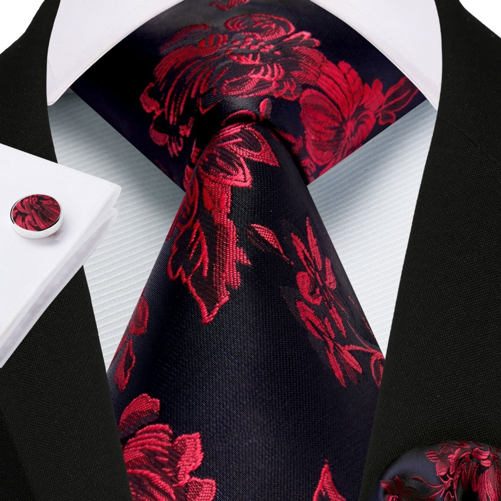 Hisdern Black Red Floral Wedding Tie Set with Cufflinks