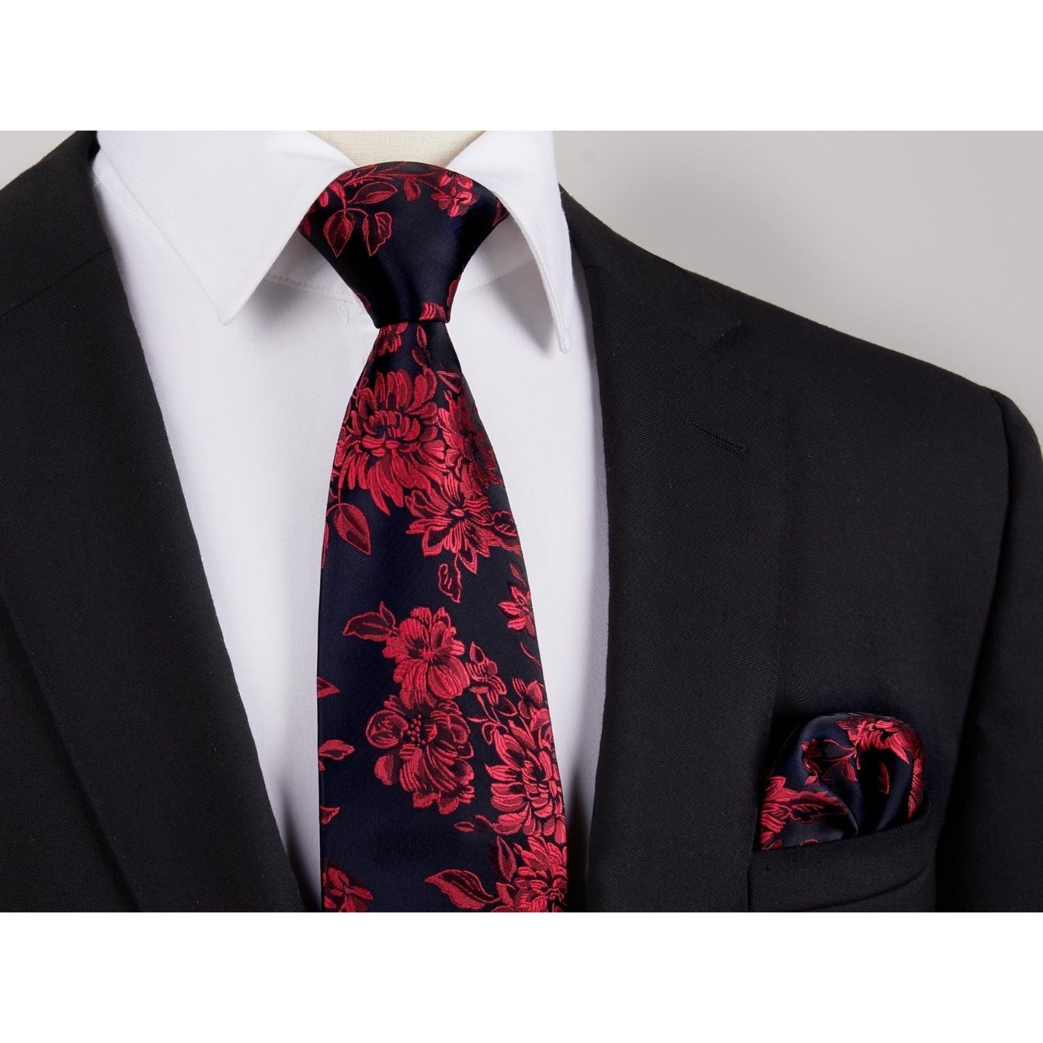 Hisdern Black Red Floral Wedding Tie Set with Cufflinks