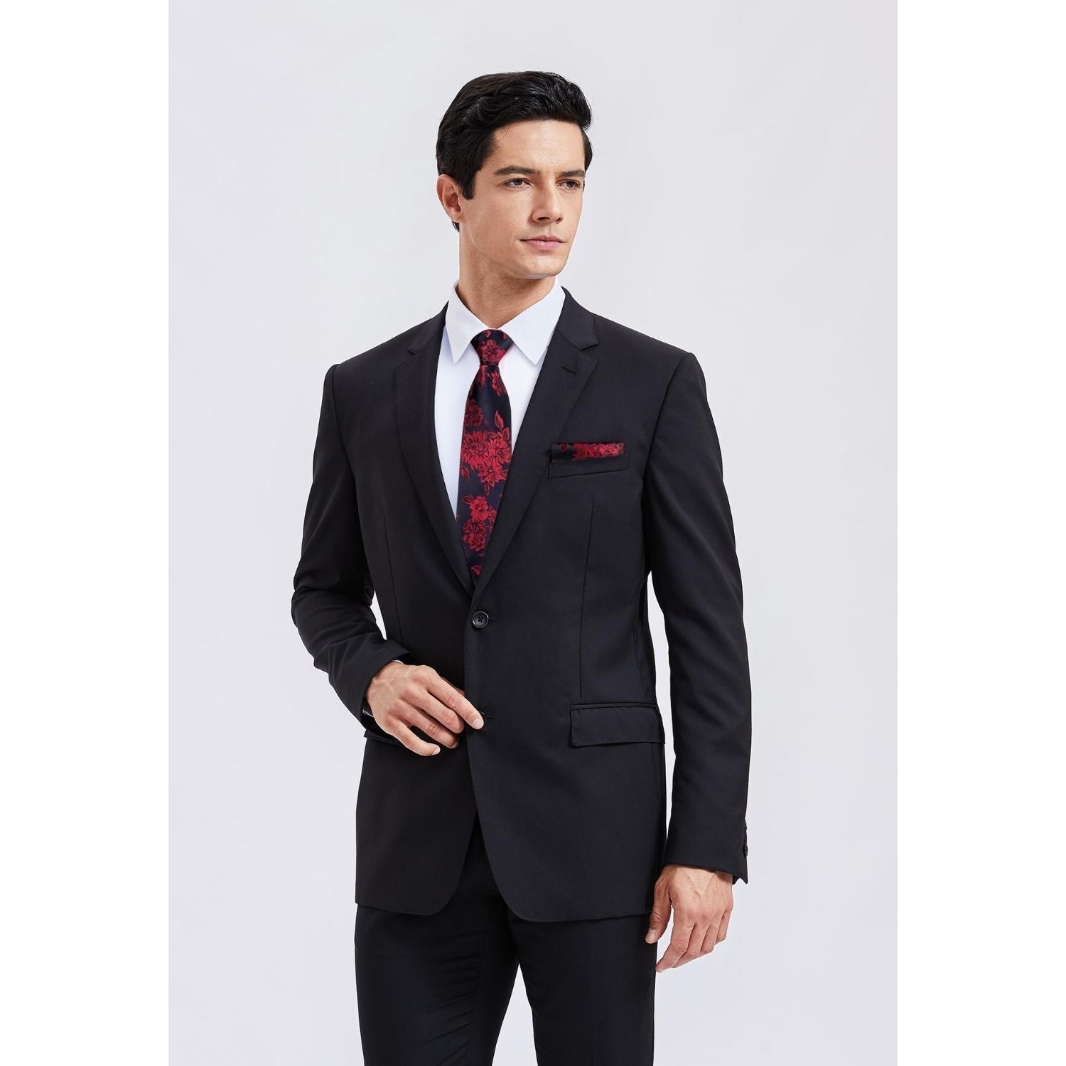 Hisdern Black Red Floral Wedding Tie Set with Cufflinks