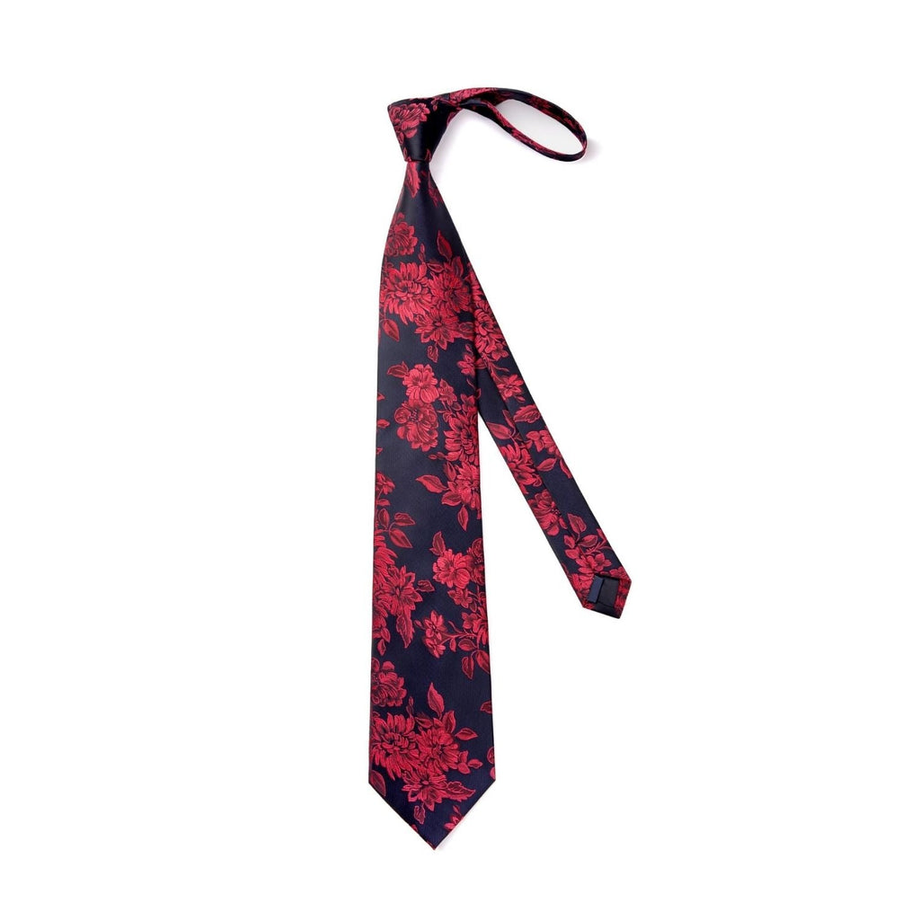 Hisdern Black Red Floral Wedding Tie Set with Cufflinks