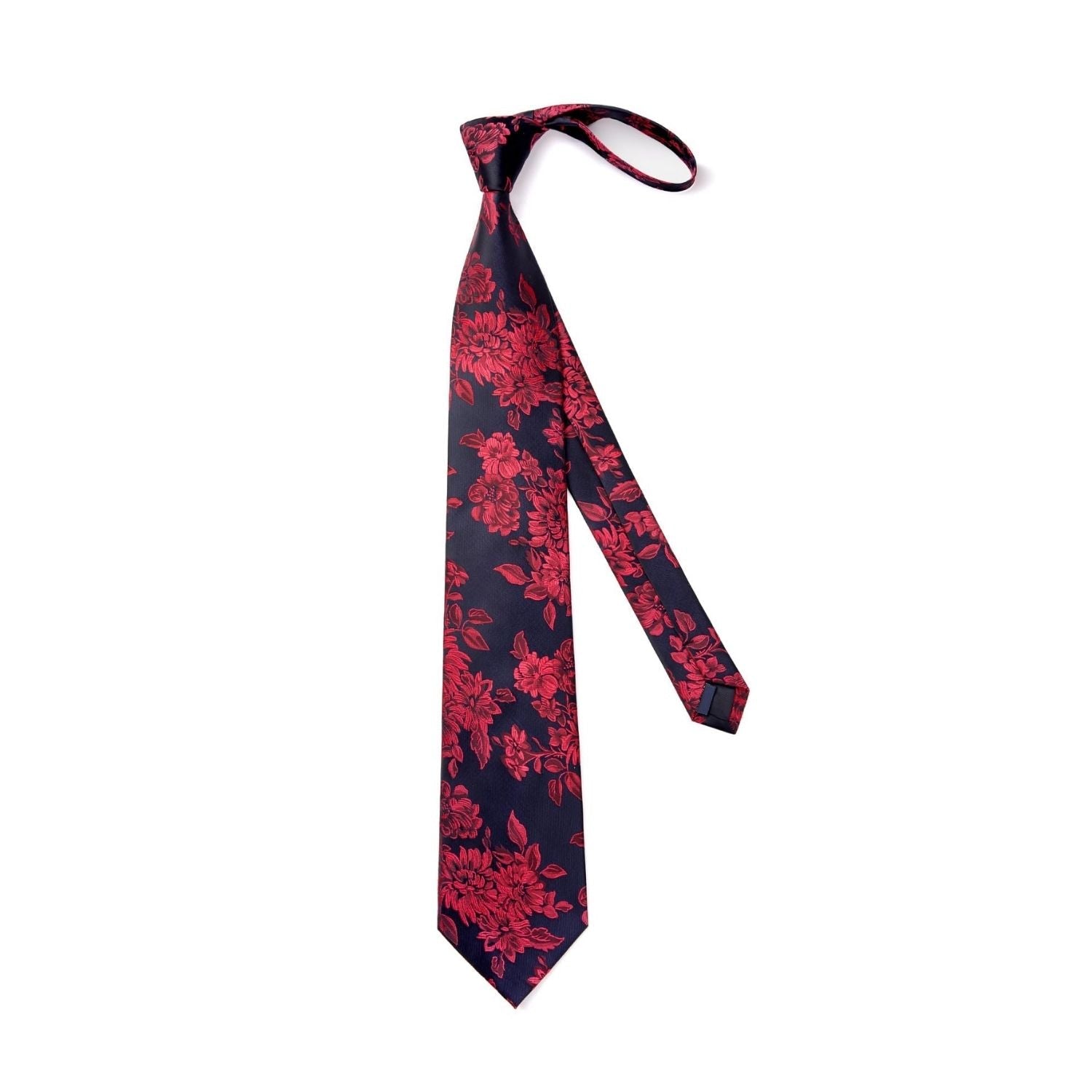 Hisdern Black Red Floral Wedding Tie Set with Cufflinks