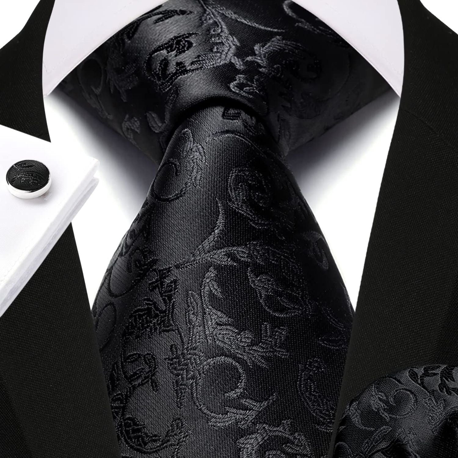 Hisdern Black Floral Wedding Tie Set with Cufflinks