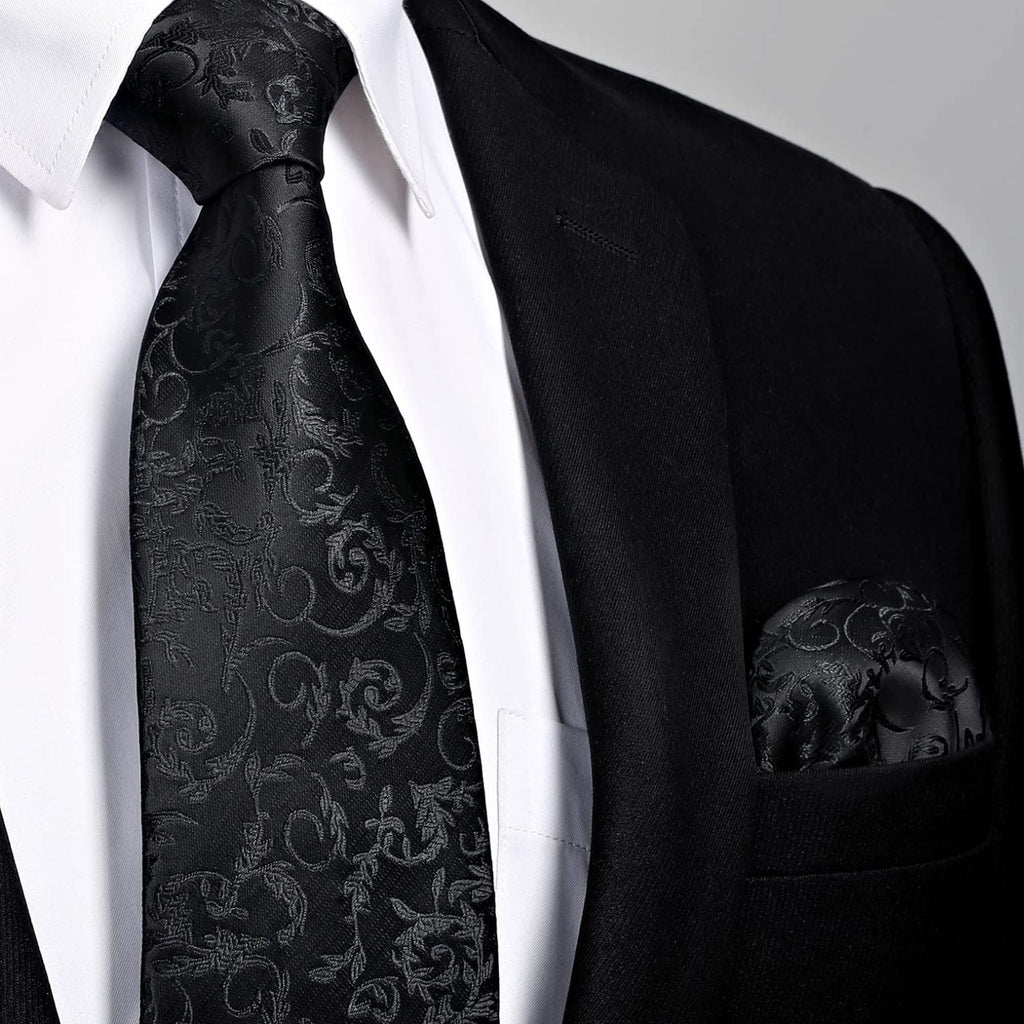 Hisdern Black Floral Wedding Tie Set with Cufflinks