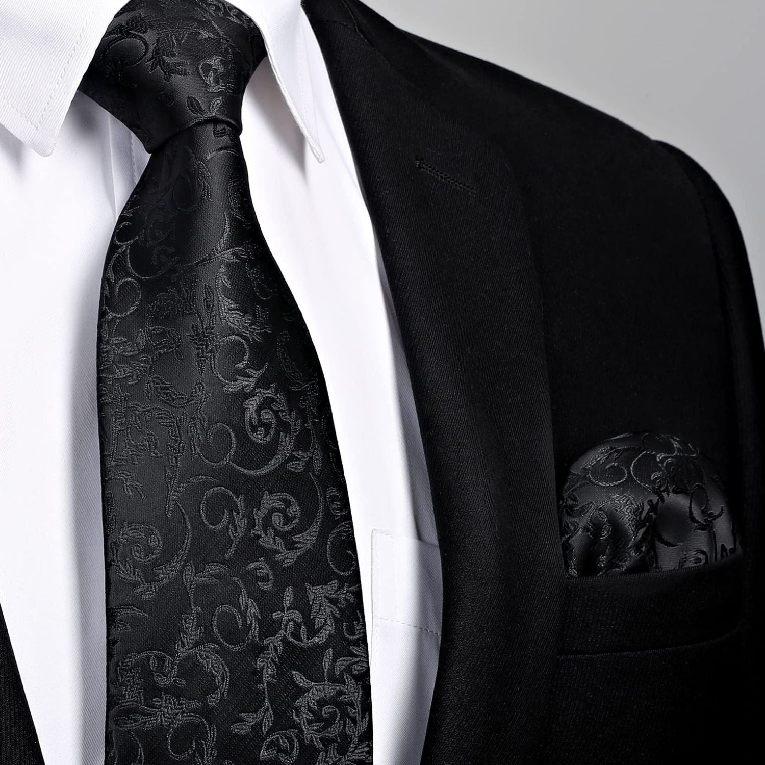 Hisdern Black Floral Wedding Tie Set with Cufflinks