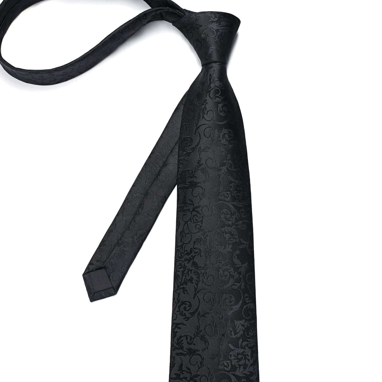 Hisdern Black Floral Wedding Tie Set with Cufflinks