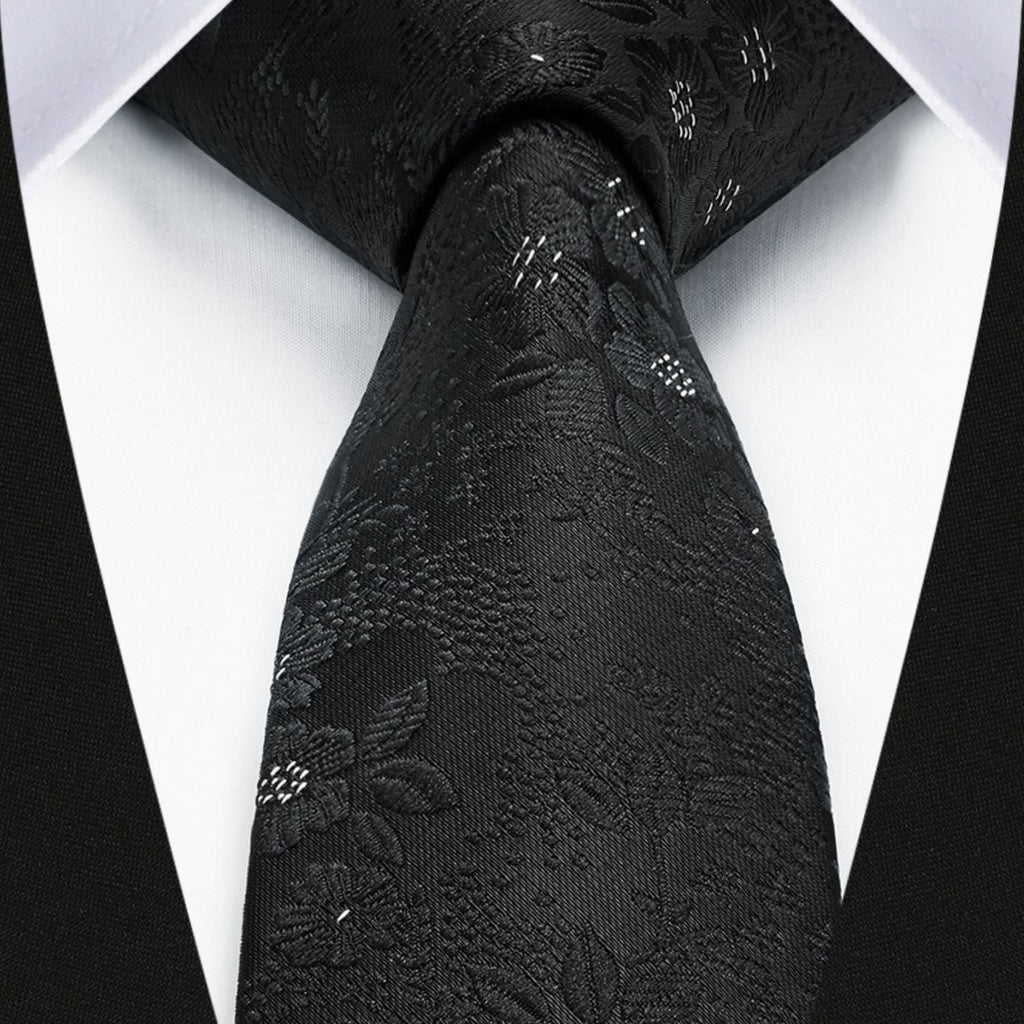 Hisdern Floral Print Skinny Tie Slim 2.17'' Formal Black Wedding Tie