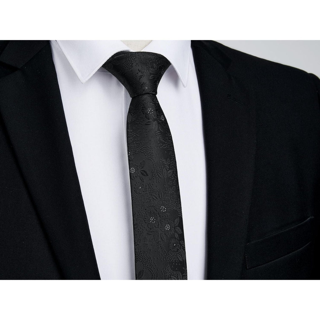 Hisdern Floral Print Skinny Tie Slim 2.17'' Formal Black Wedding Tie