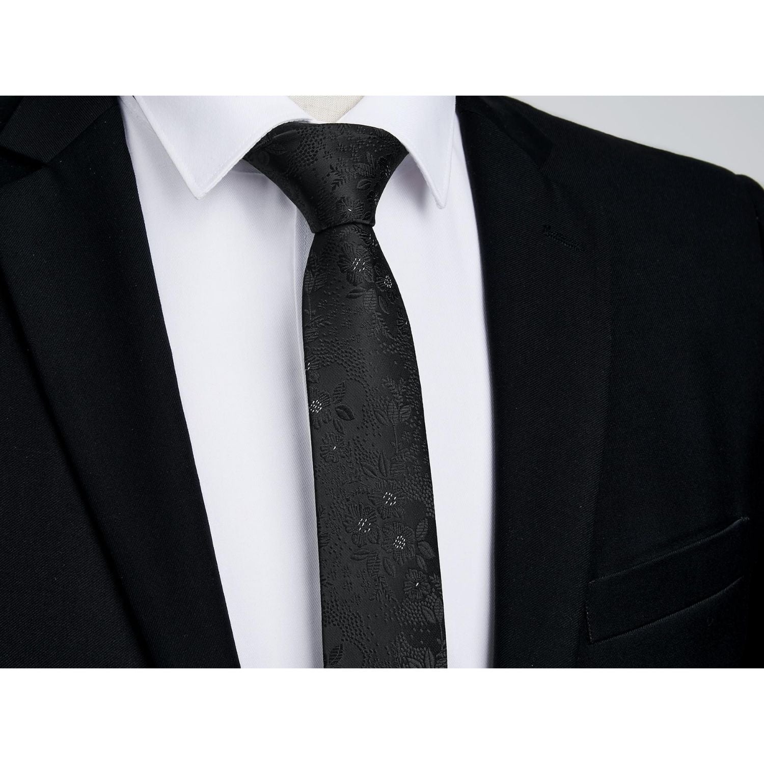 Hisdern Floral Print Skinny Tie Slim 2.17'' Formal Black Wedding Tie