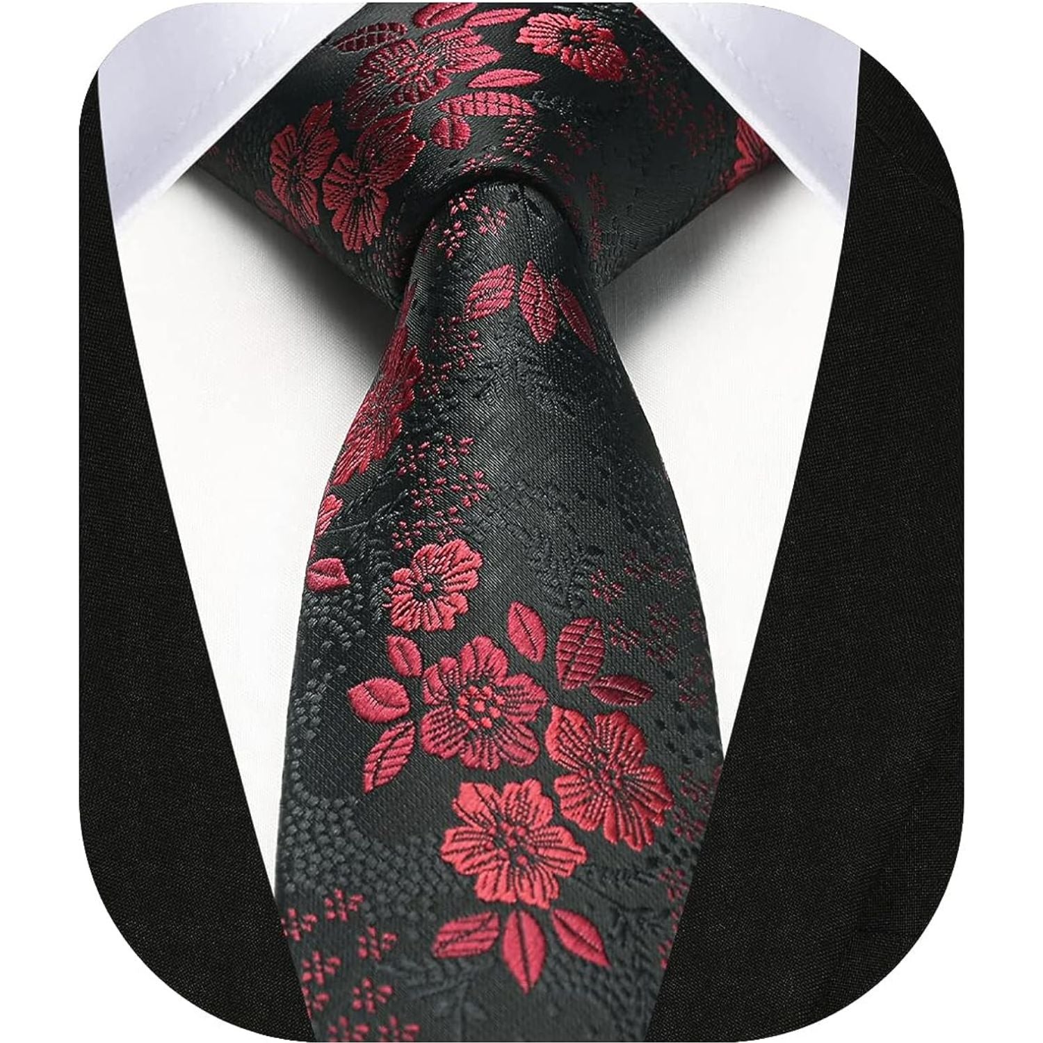 Hisdern Floral Print Skinny Tie Slim 2.17'' Formal Red Wedding Tie