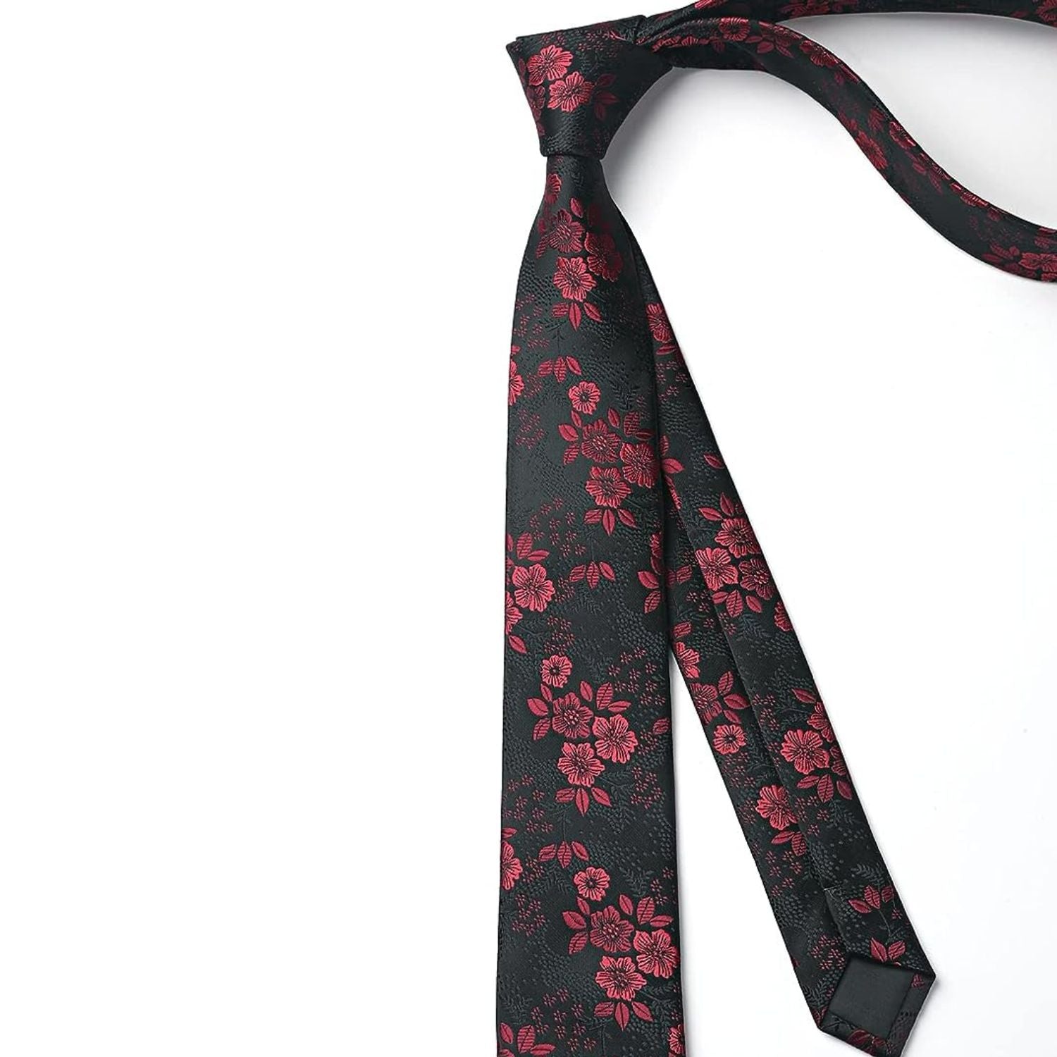 Hisdern Floral Print Skinny Tie Slim 2.17'' Formal Red Wedding Tie