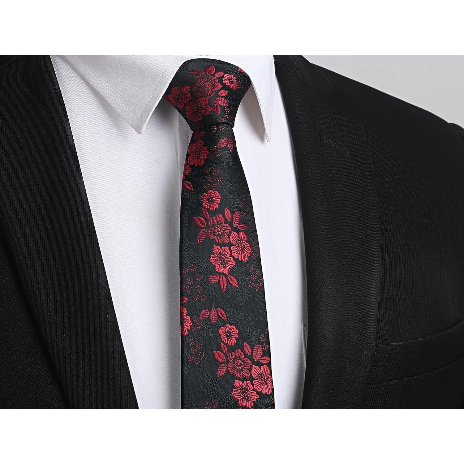 Hisdern Floral Print Skinny Tie Slim 2.17'' Formal Red Wedding Tie