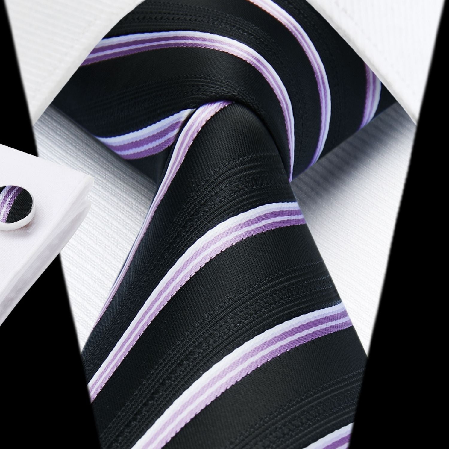 Hisdern Black Striped Business Accessories Set with Cufflinks