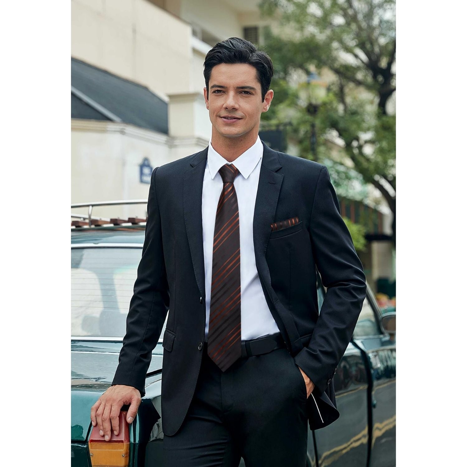 Hisdern Black Striped Business Accessories Set with Cufflinks