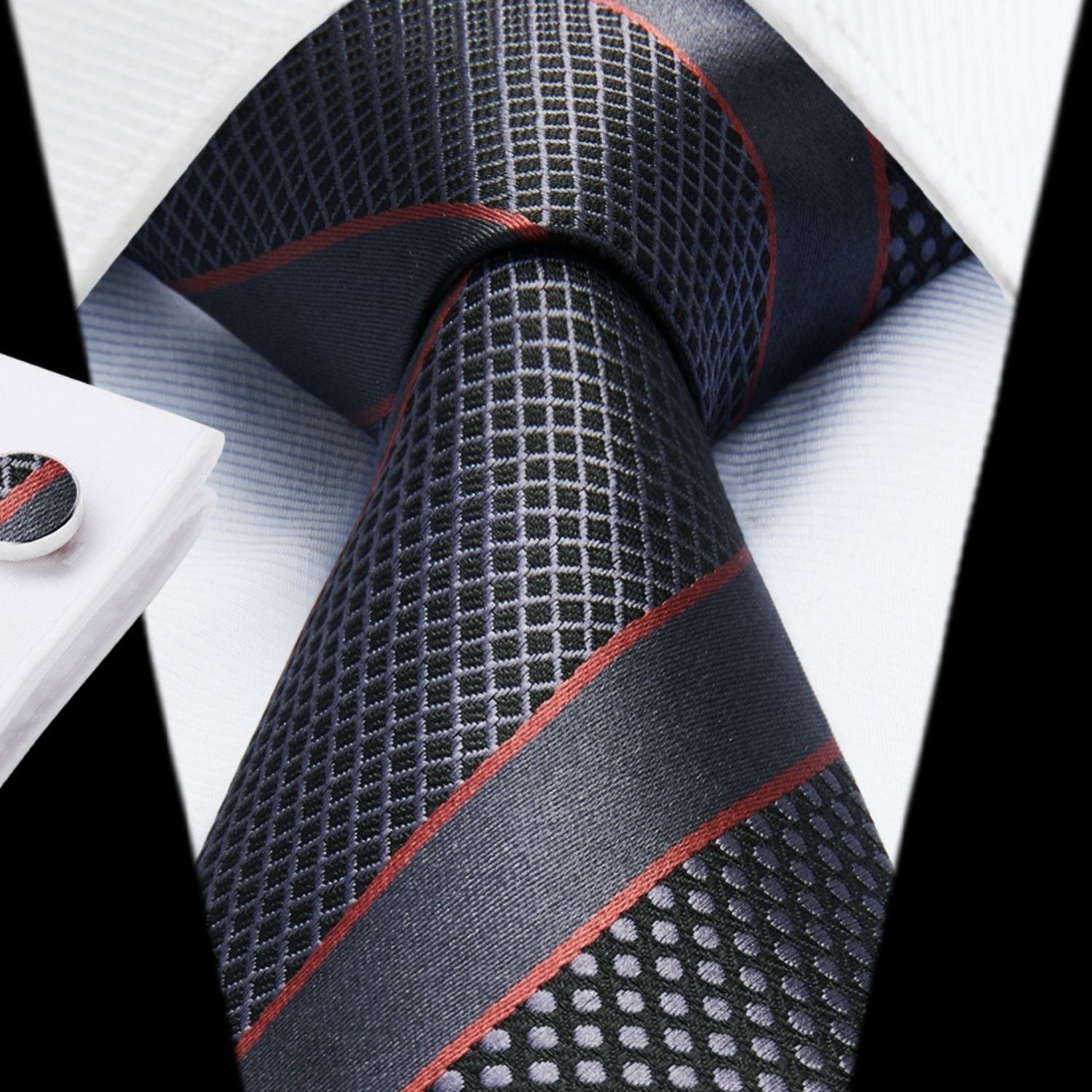 Hisdern Black Striped Business Accessories Set with Cufflinks