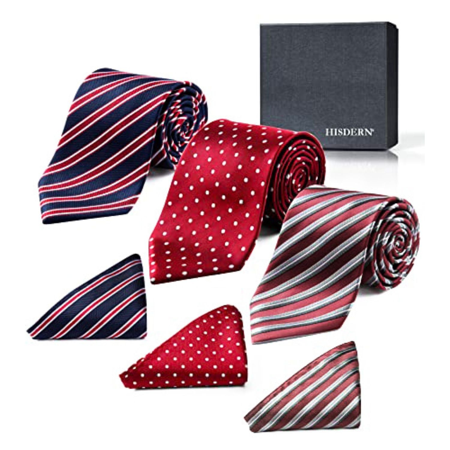 Hisdern 3-Piece XL Tie Set Red Wedding Accessory Gift Box Set