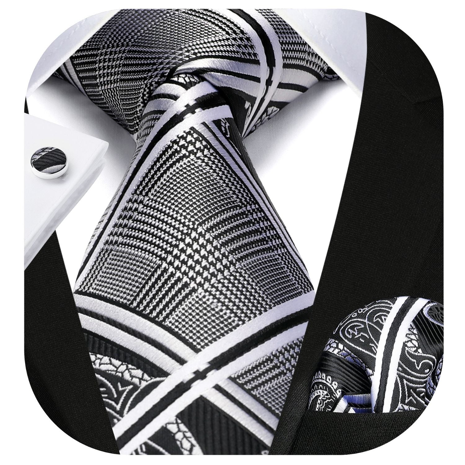 Hisdern Black Plaid Wedding Accessories Set with Cufflinks