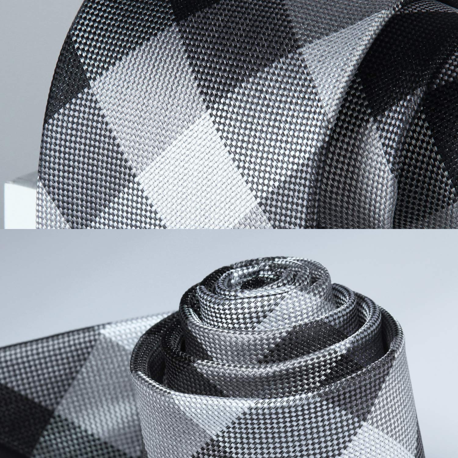 Hisdern Black Grey White Plaid Business Tie Set