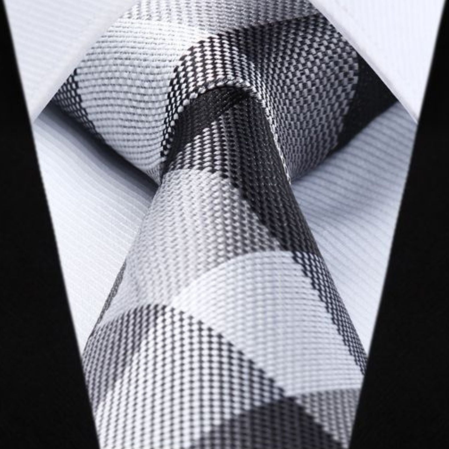 Hisdern Black Grey White Plaid Business Tie Set