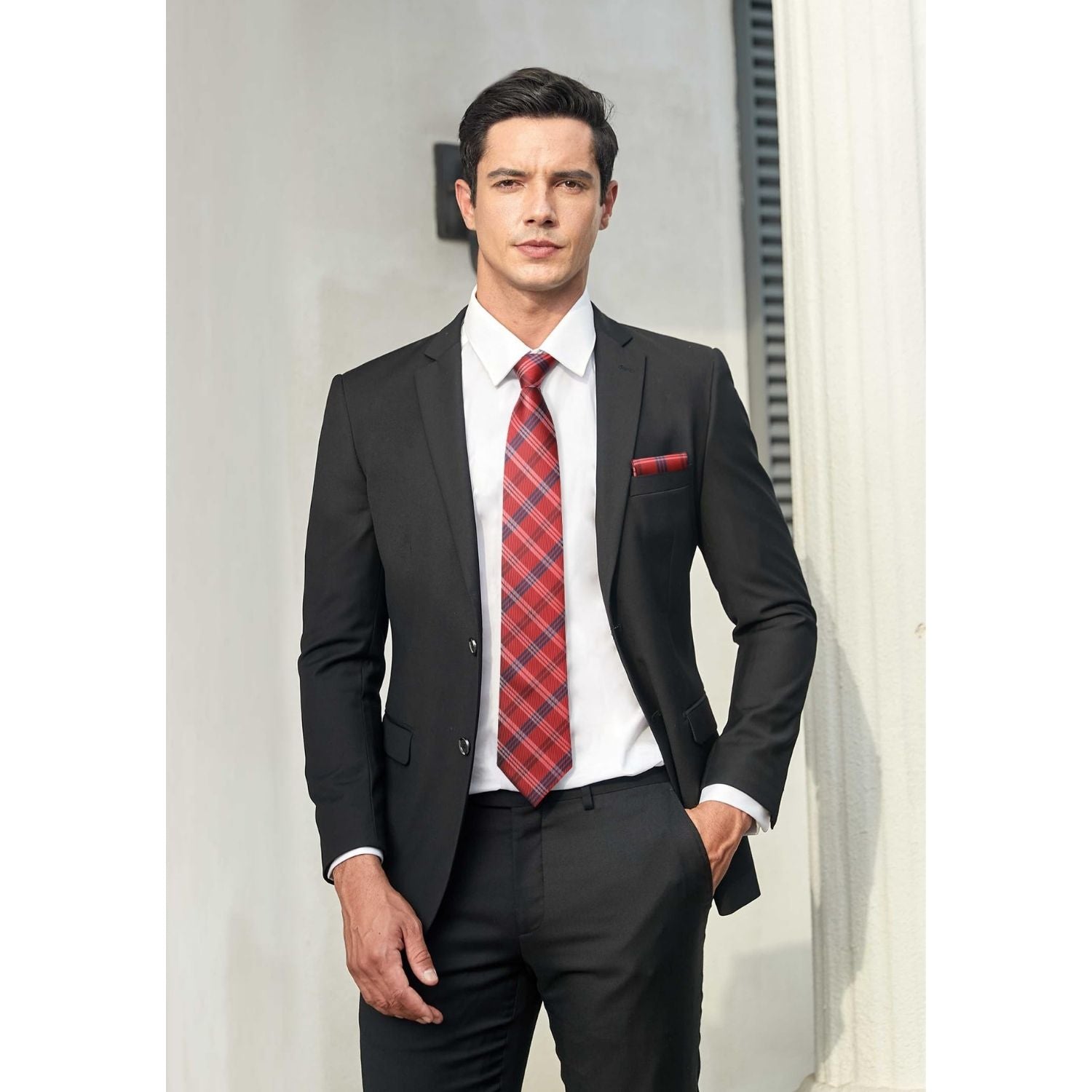 Hisdern Red Plaid Wedding Accessories Set with Cufflinks