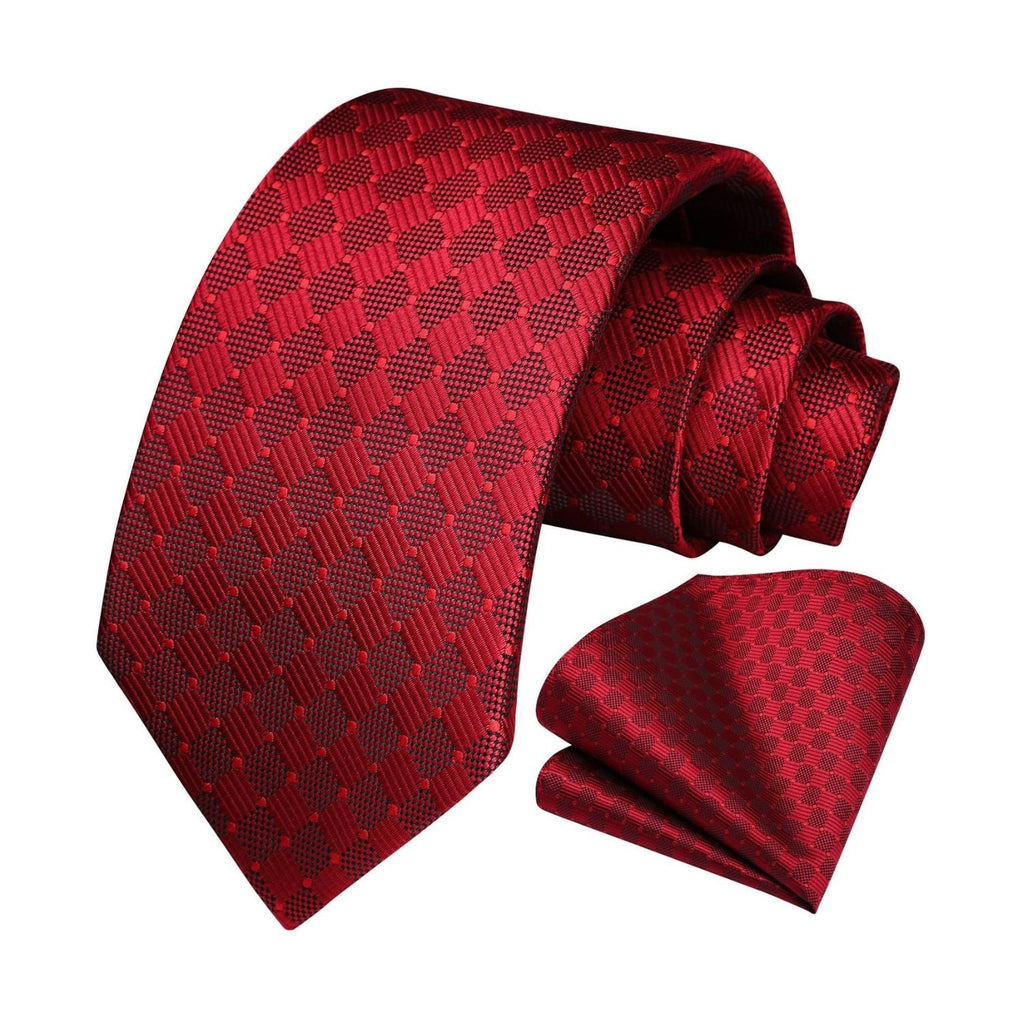 Men's Plaid Tie Handkerchief Set - 01-RED