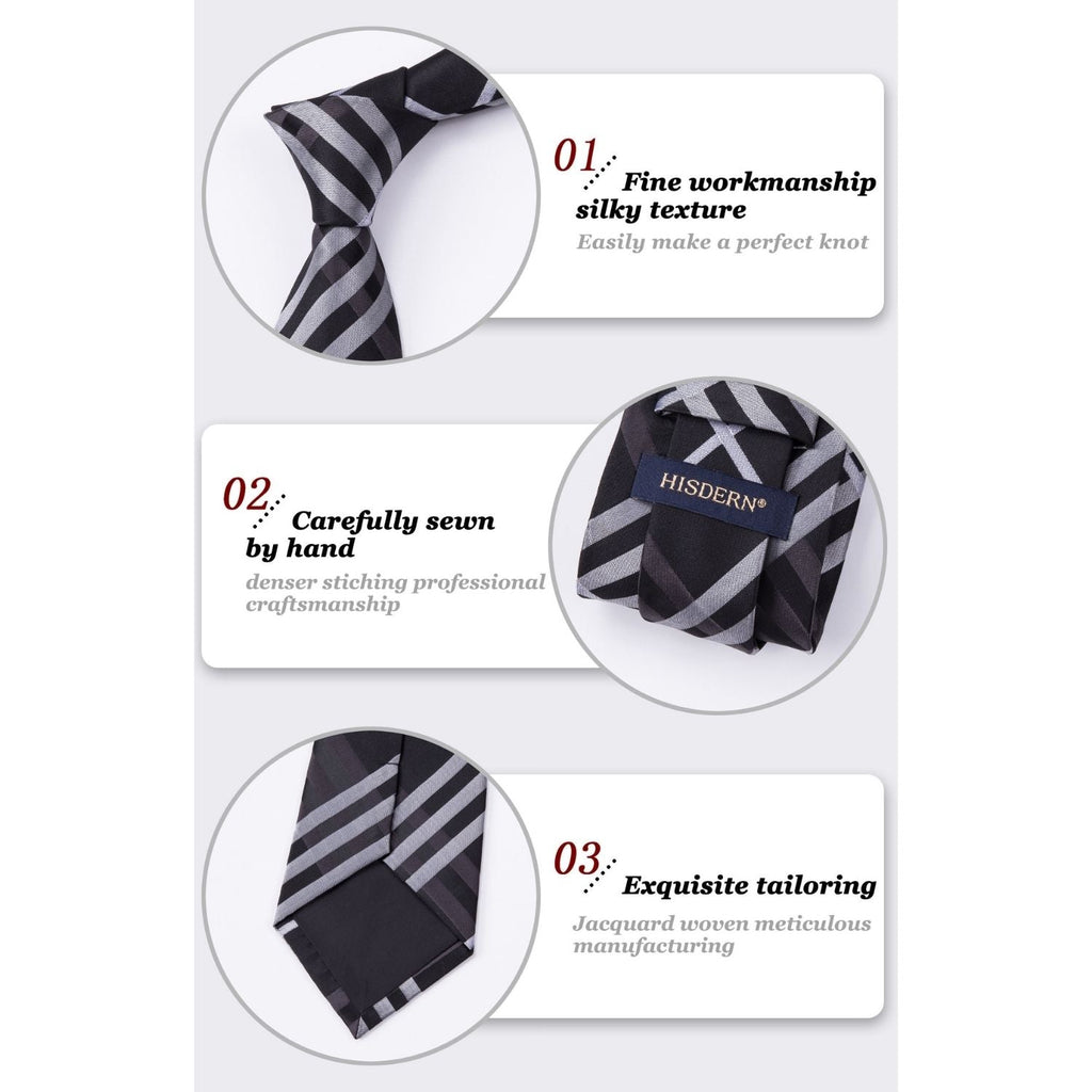 Hisdern Black Plaid Tie Set For Groomsmen