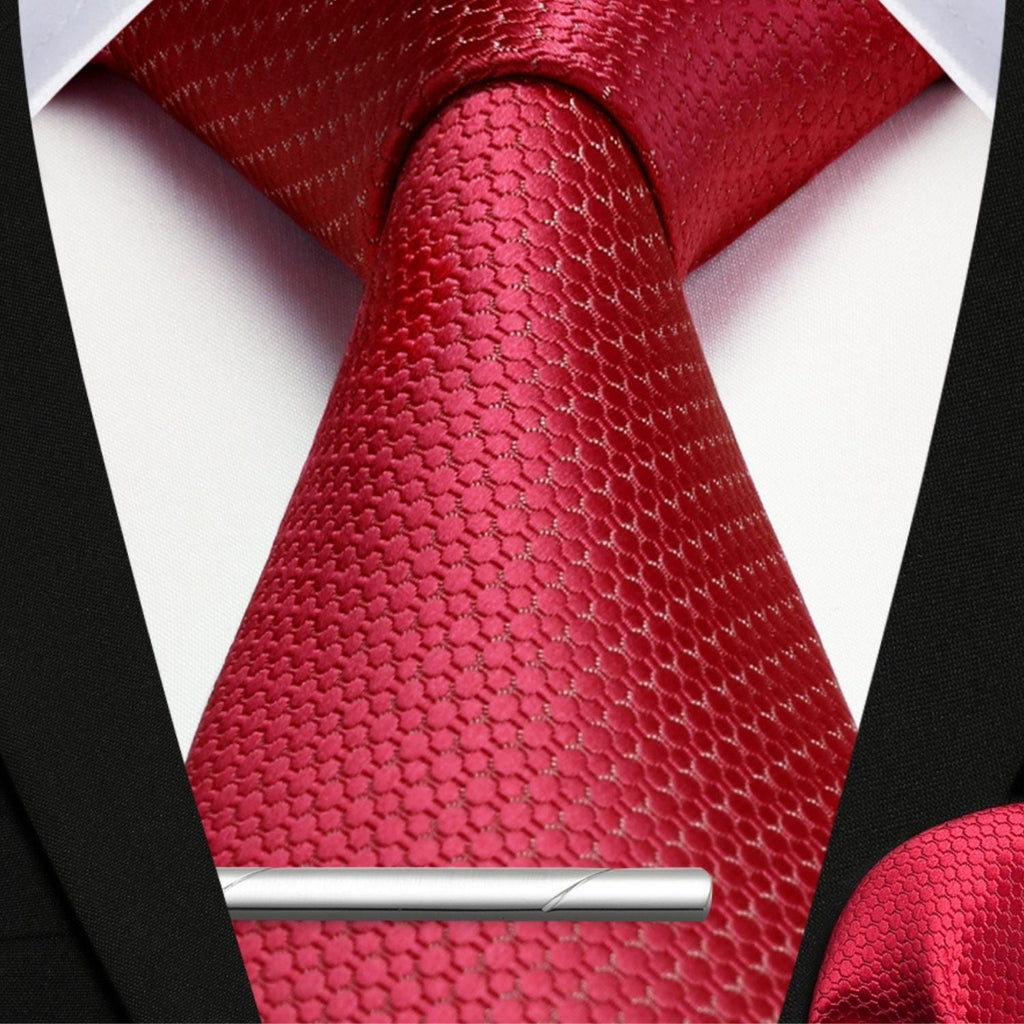 Hisdern Red Houndsooth Wedding Tie Set with Clip