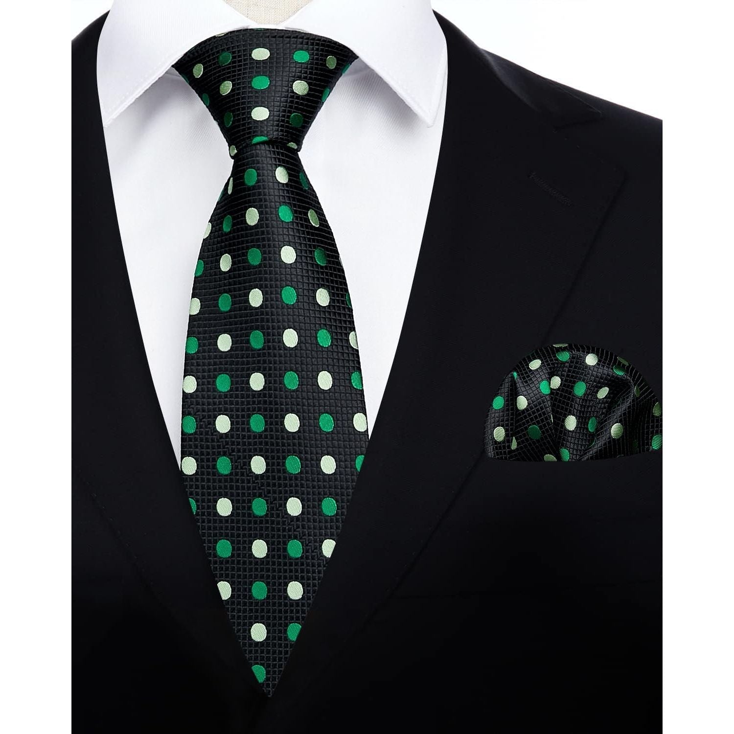 Hisdern Black Green Polka Dot Print Tie Set For Formal Events
