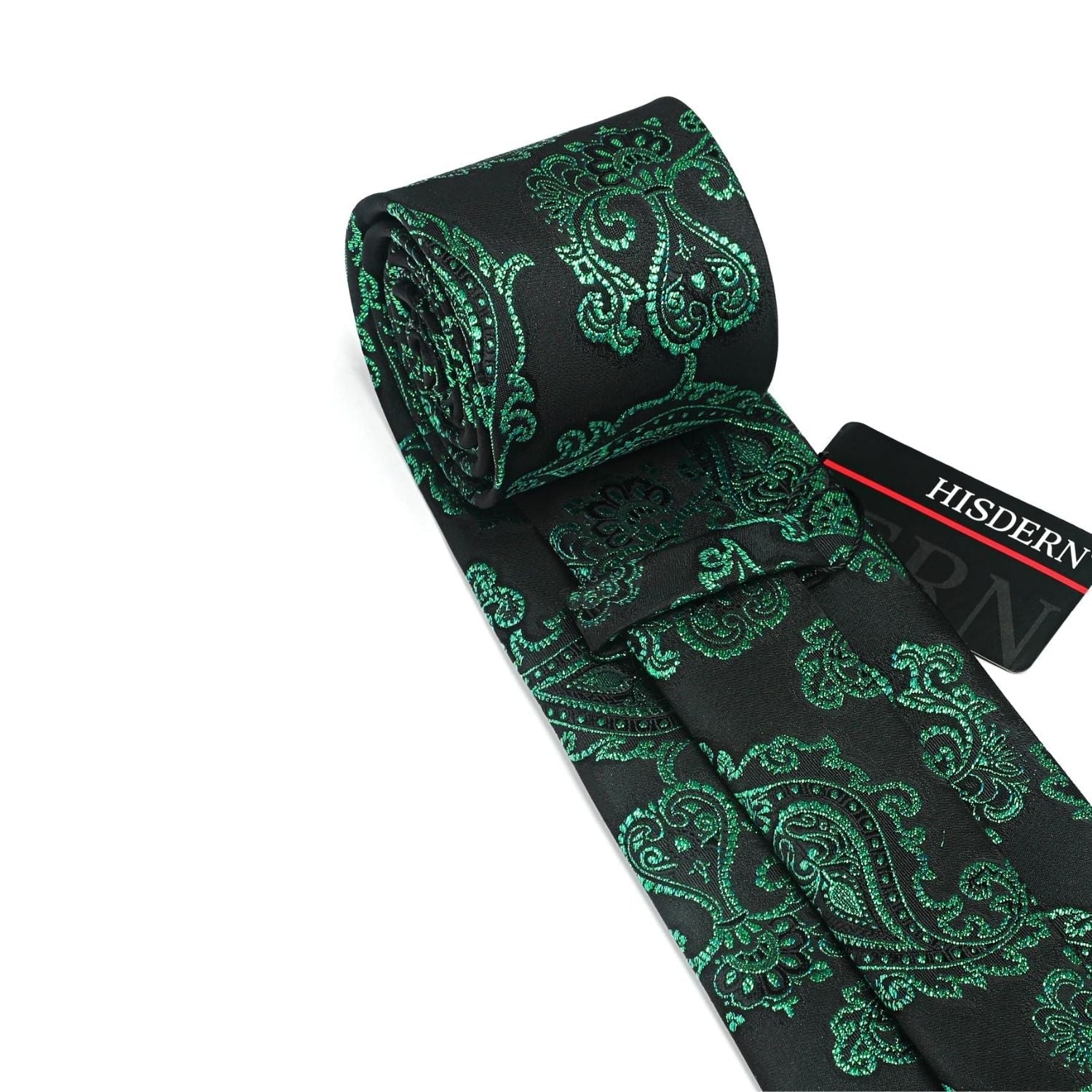 Hisdern Extra Long Black Green Paisley Set For Groomsmen