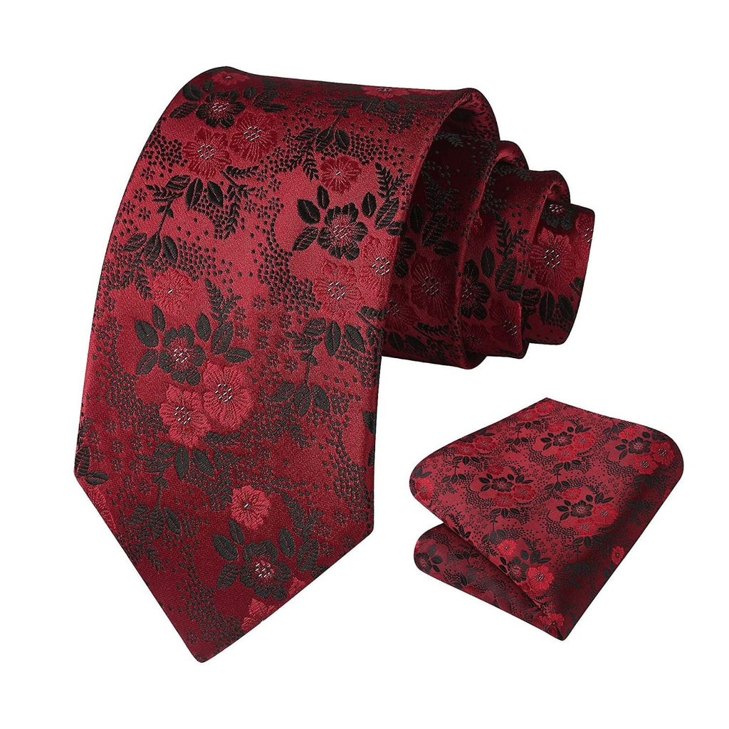 Floral Tie Handkerchief Set - B2-RED/BLACK