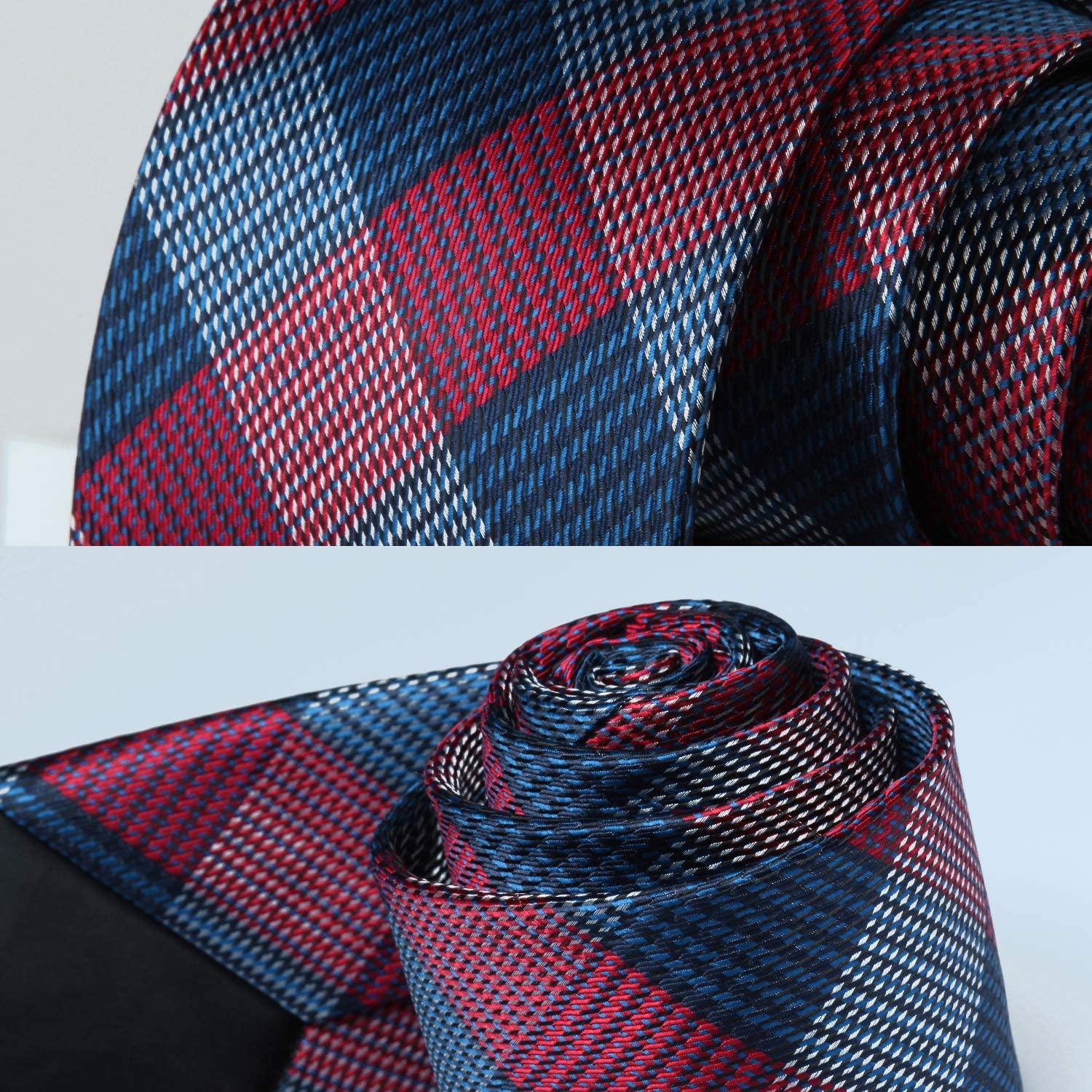 Hisdern Red Navy Blue Plaid Business Tie Set