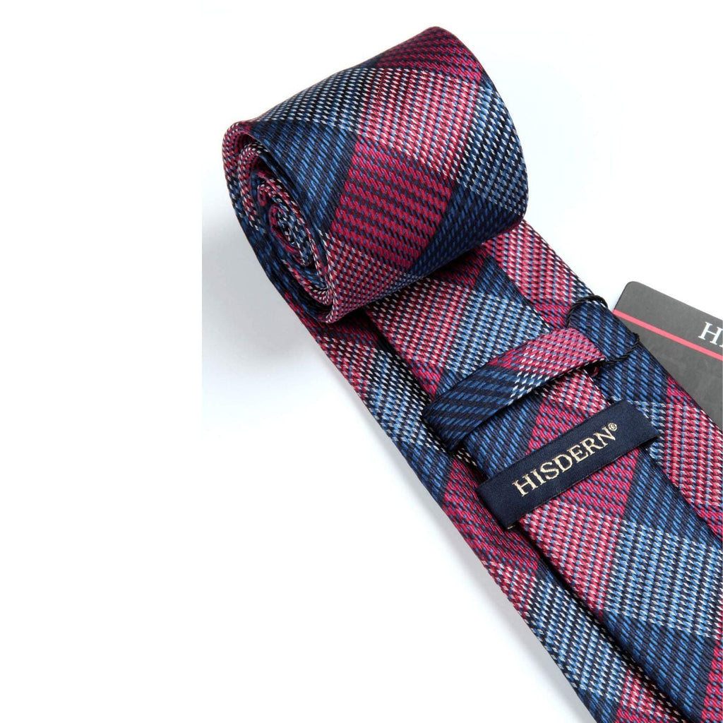 Hisdern Red Navy Blue Plaid Business Tie Set