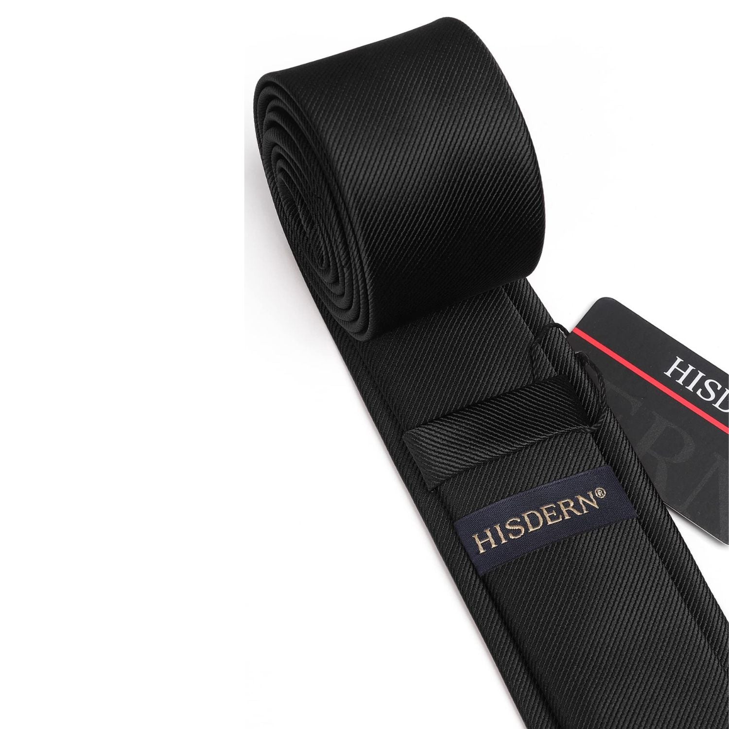 Hisdern Solid Print Skinny Tie Slim 2.4'' Formal Black Wedding Tie