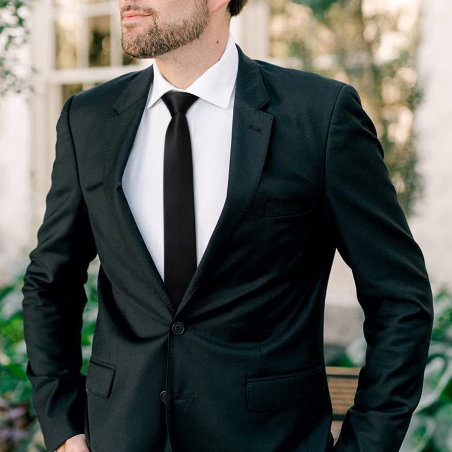 Hisdern Solid Print Skinny Tie Slim 2.4'' Formal Black Wedding Tie