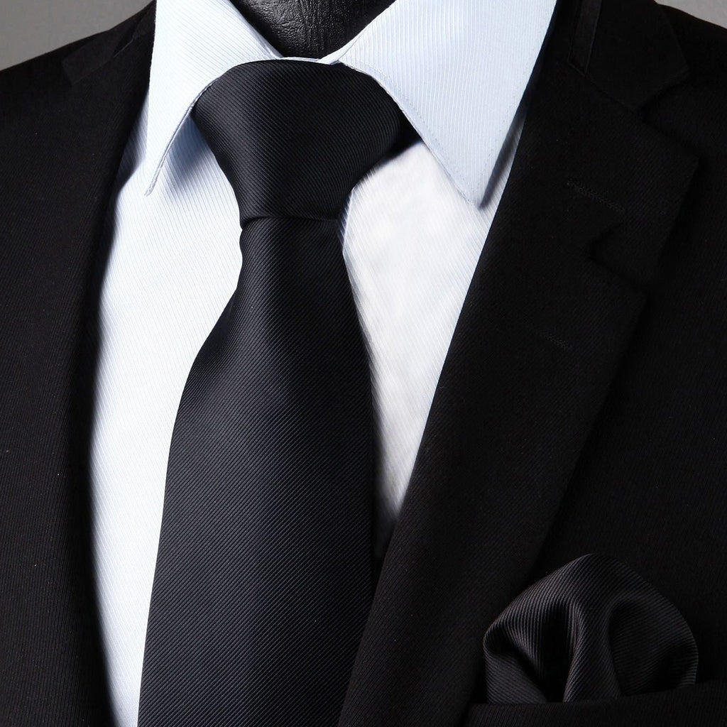Hisdern Black Solid Men¡¯s Tie Set for Formal & Wedding