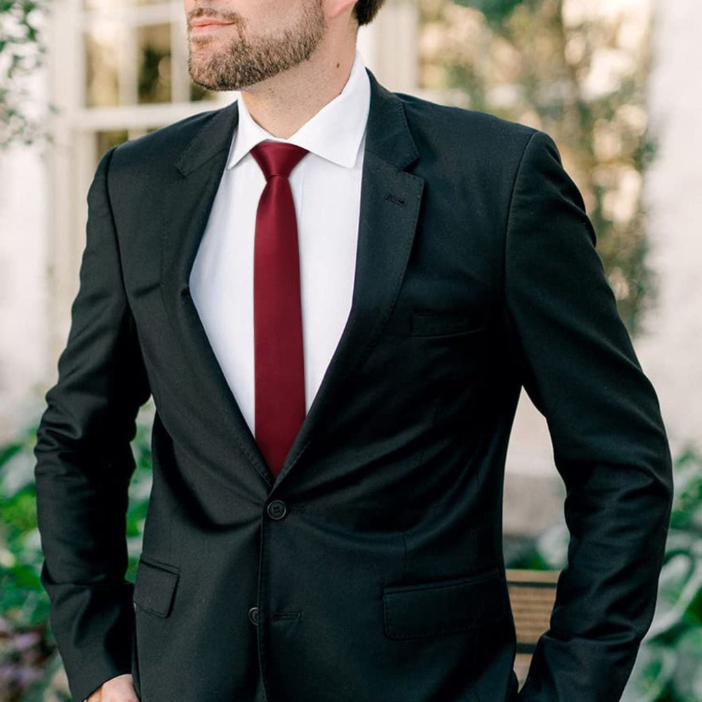 Hisdern Solid Print Skinny Tie Slim 2.4'' Formal Wine Red Wedding Tie