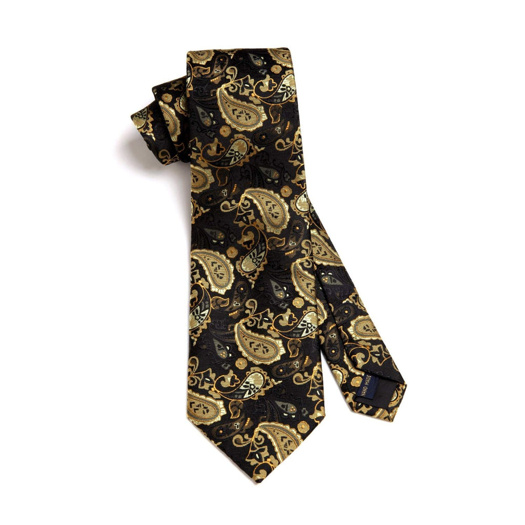 Hisdern Gold Black Paisley Tie Set For Groomsmen