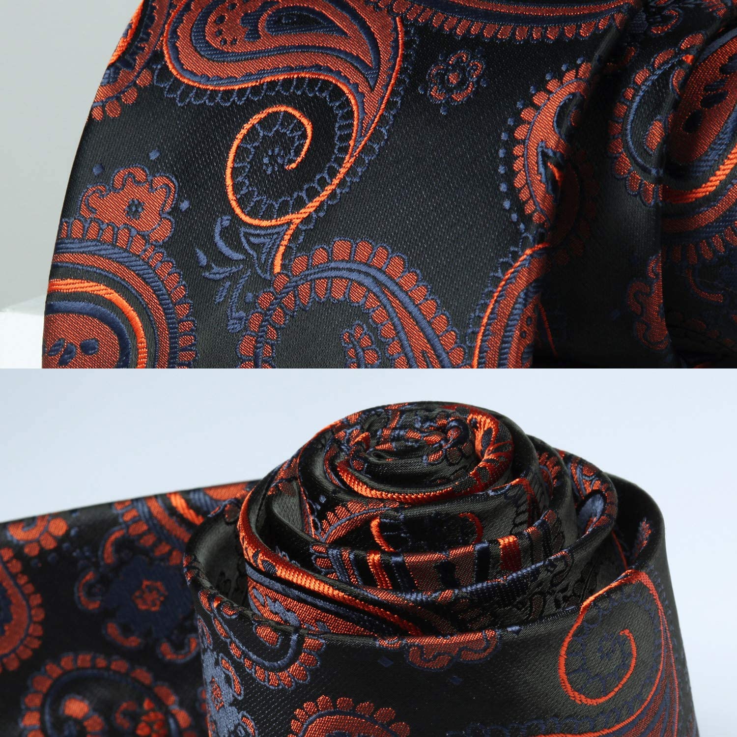 Hisdern Black Orange Paisley Tie Set For Formal Wear