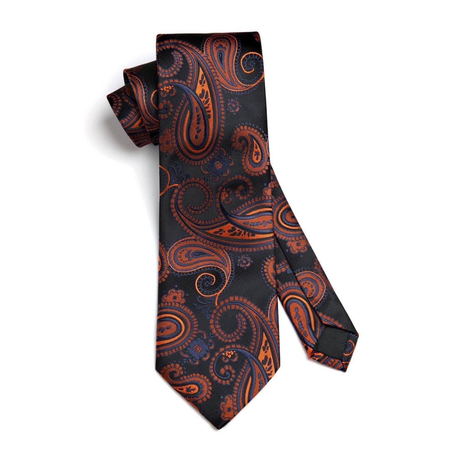 Hisdern Black Orange Paisley Tie Set For Formal Wear
