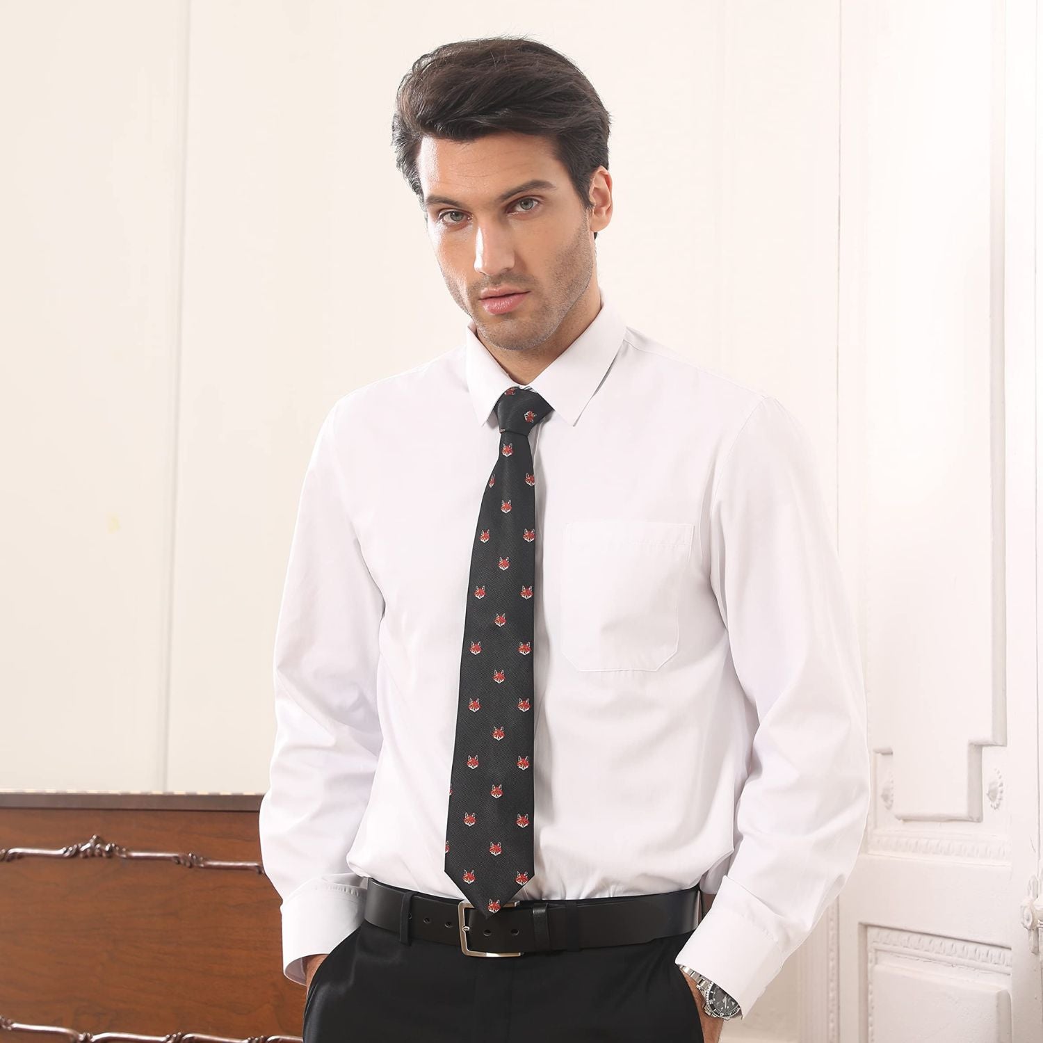 Hisdern Black Fox Print Men's Suit Tie Set