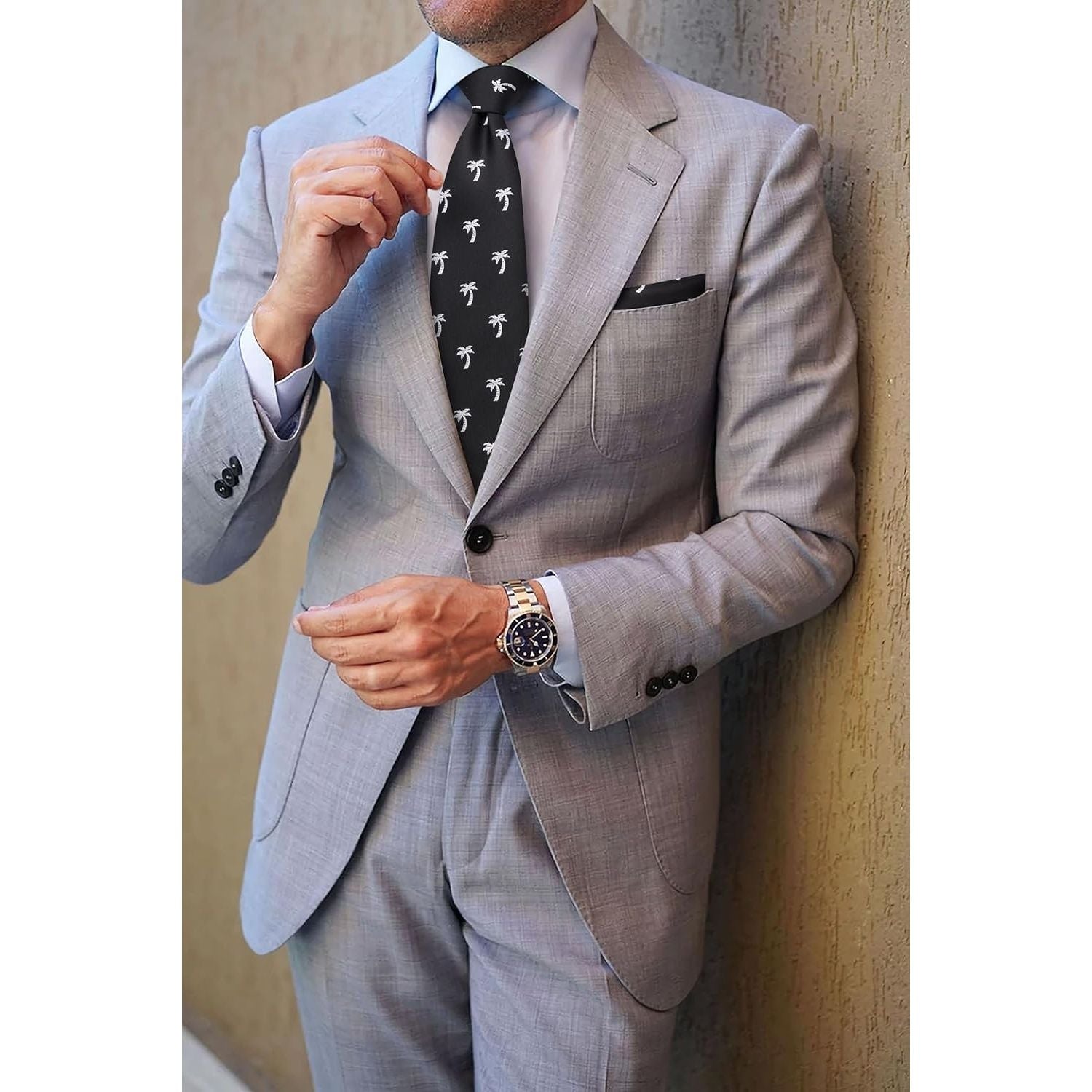 Hisdern Black White Pattern Print Men's Suit Tie Set