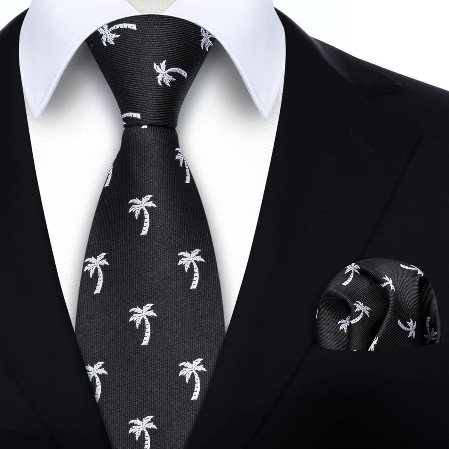 Hisdern Black White Pattern Print Men's Suit Tie Set