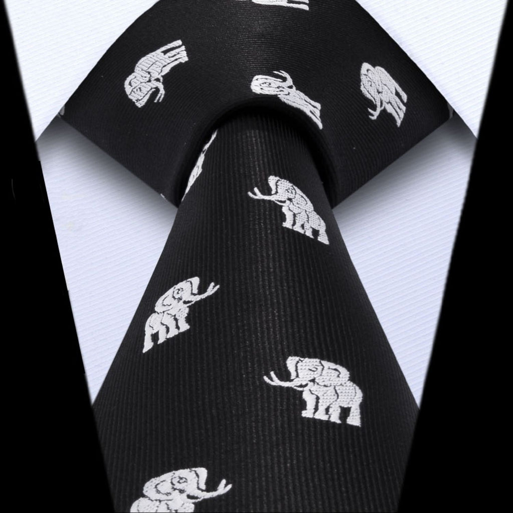 Hisdern Black White Elephant Cute Print Pattern Tie Set