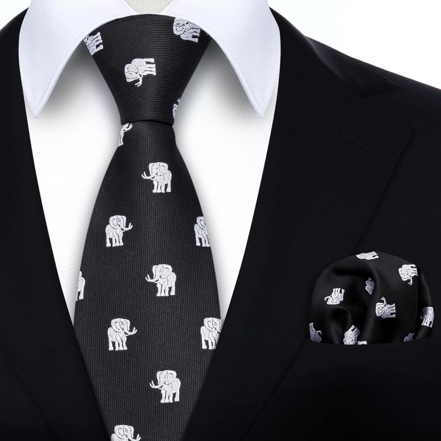 Hisdern Black White Elephant Cute Print Pattern Tie Set
